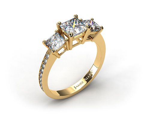 18k Yellow Gold Three Stone Princess and Pave Set Diamond Engagement Ring